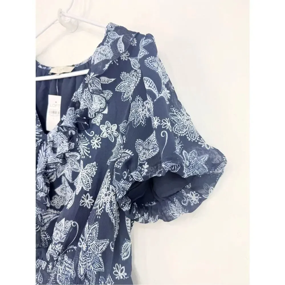 LOFT Blue White Floral Ruffle V Neck Peplum Hem Short Puff Sleeve Blouse NEW